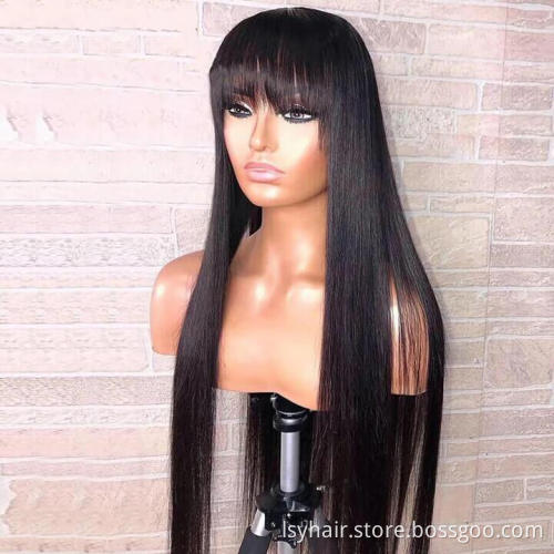 Raw Indian Hair Vendors Straight Lace Frontal Wigs With Bangs Cuticle Aligned Hair Pre plucked Glueless Wigs